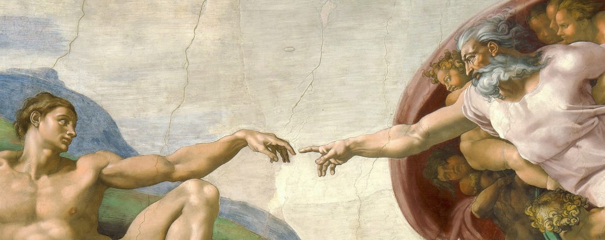 Detail of The Creation of Adam by Michelangelo: Adam reclines on the left and reaches out as a second outstretched hand comes towards his, the two fingertips almost touching at the centre.