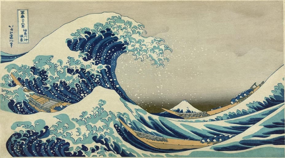 The Great Wave off Kanagawa by Katsushika Hokusai: a towering wave curls over boats, with Mount Fuji small in the distance.