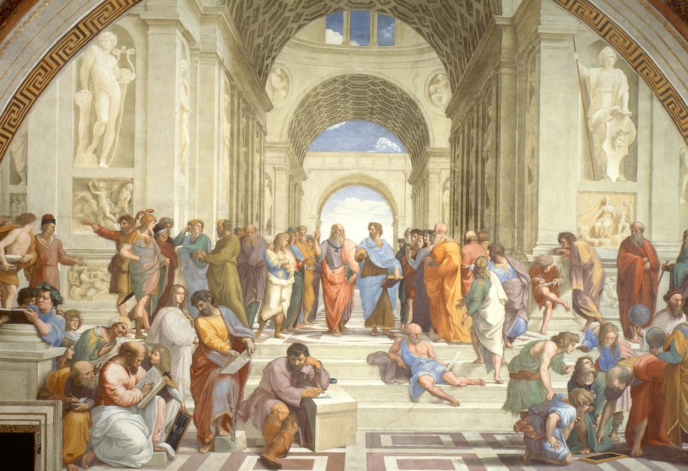 The School of Athens by Raphael: philosophers gather beneath vast arches, with Plato and Aristotle walking and debating at the centre while groups read, write and teach on the steps around them.