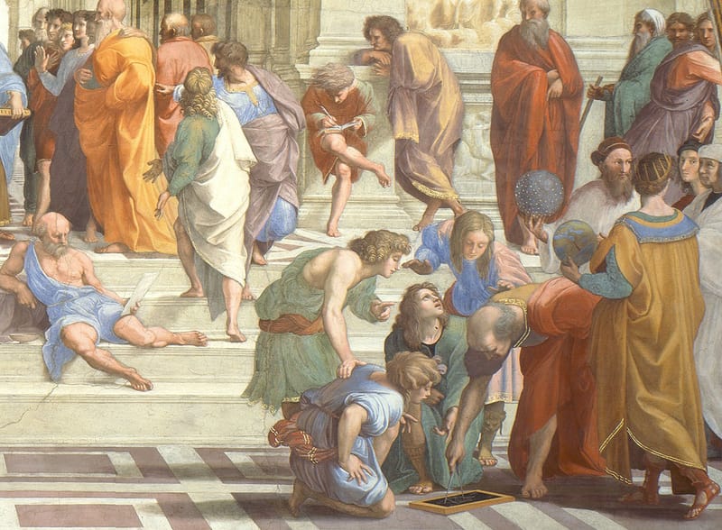 Detail of The School of Athens by Raphael: a teacher bends over a slate with a compass while a circle of young students leans in to watch, and two scholars behind them hold a celestial globe and a terrestrial globe.