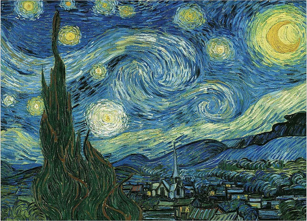 The Starry Night by Vincent van Gogh: a swirling night sky over a village, with a dark cypress in the foreground and a glowing crescent moon.