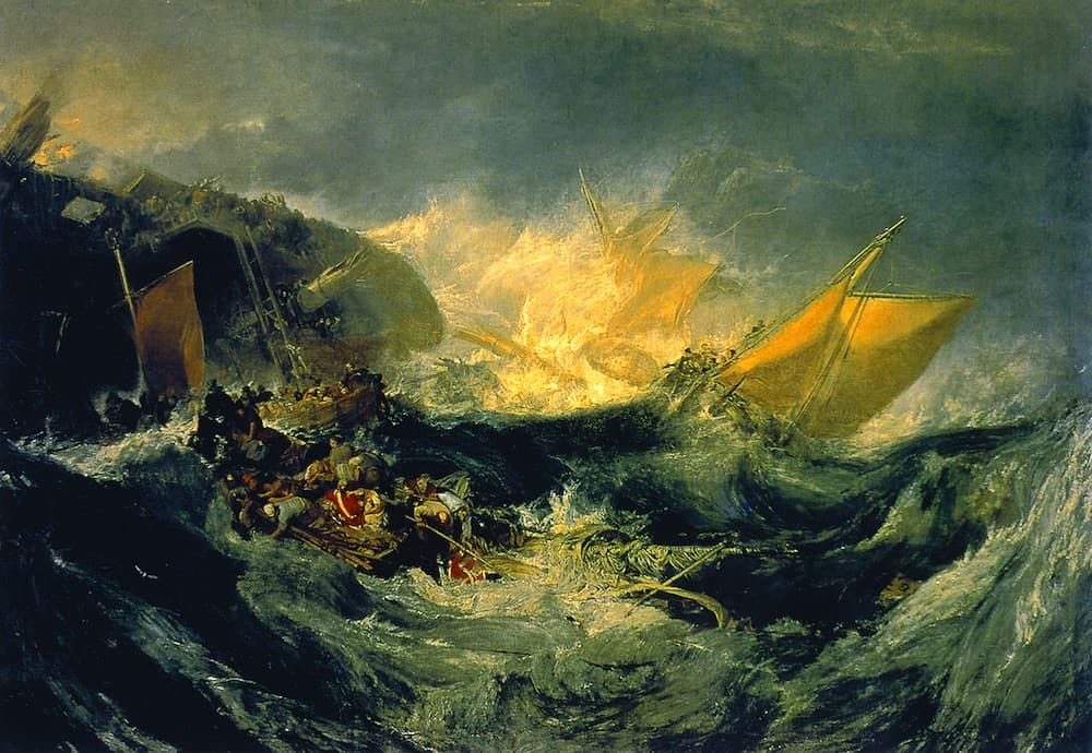 The Wreck of a Transport Ship by J. M. W. Turner: a storm at sea, with a sailing vessel and a crowded lifeboat among towering waves.