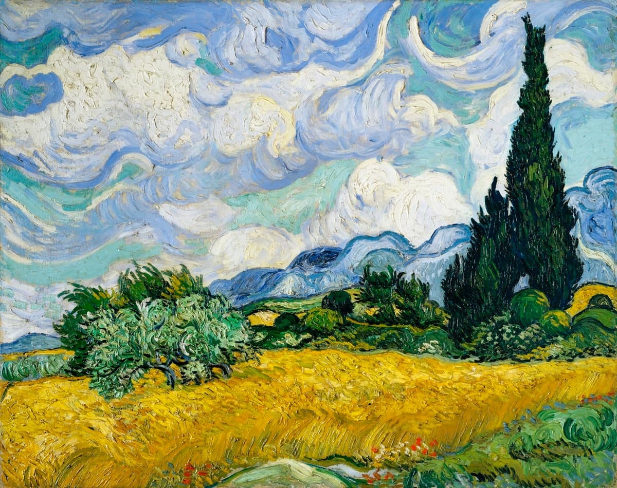 Wheat Field with Cypresses by Vincent van Gogh: a golden wheat field under swirling clouds, with tall dark cypresses on the right.